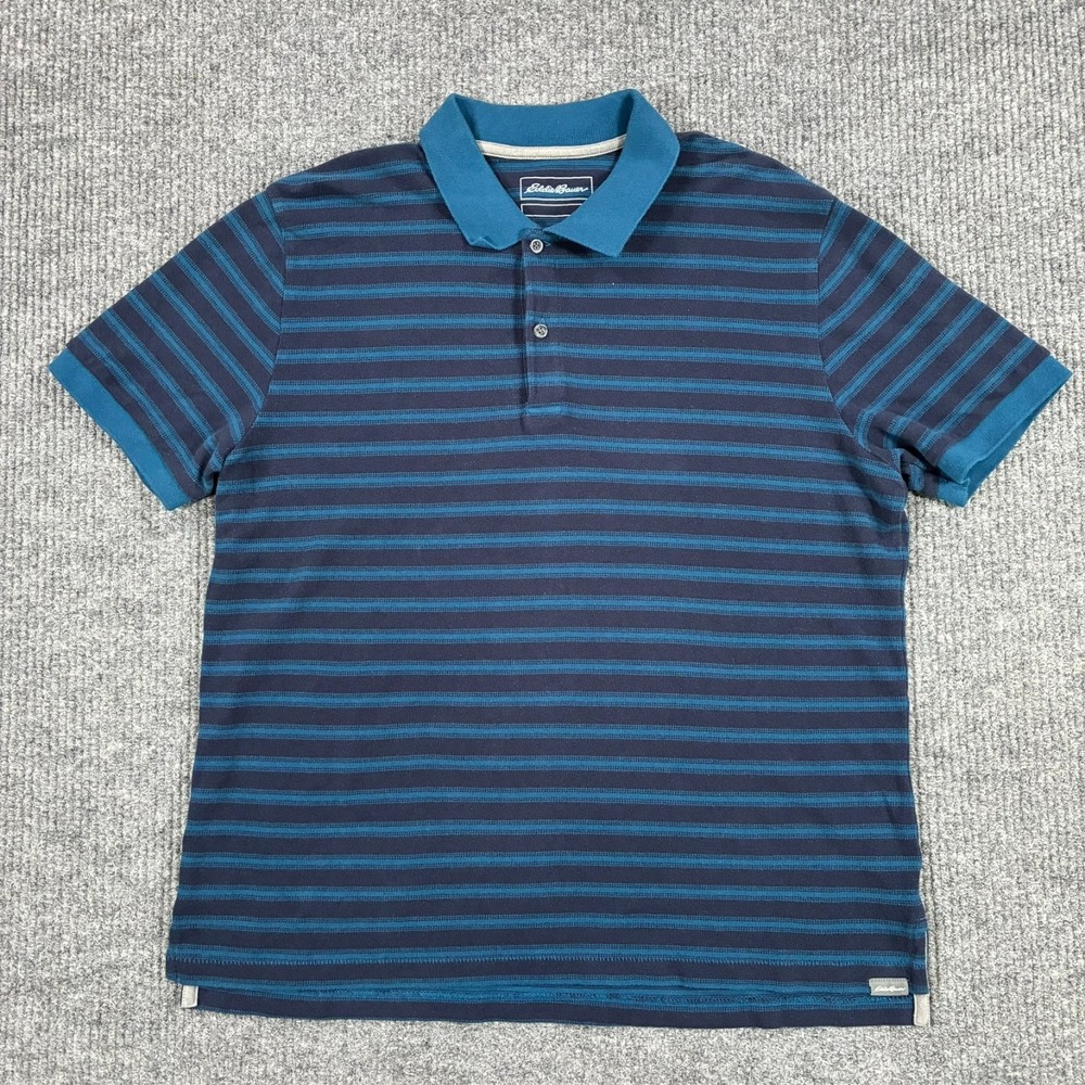 Eddie Bauer Polo Shirt Mens XL Blue Striped 100% Cotton Casual Short Sleeve
